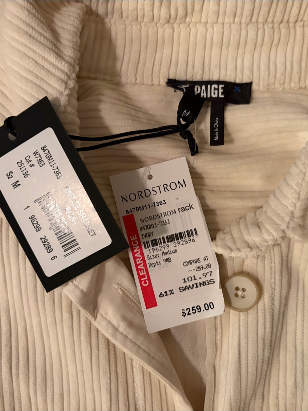 PAIGE Cream Ribbed  curduroy Utility Jacket - Picture 3 of 4